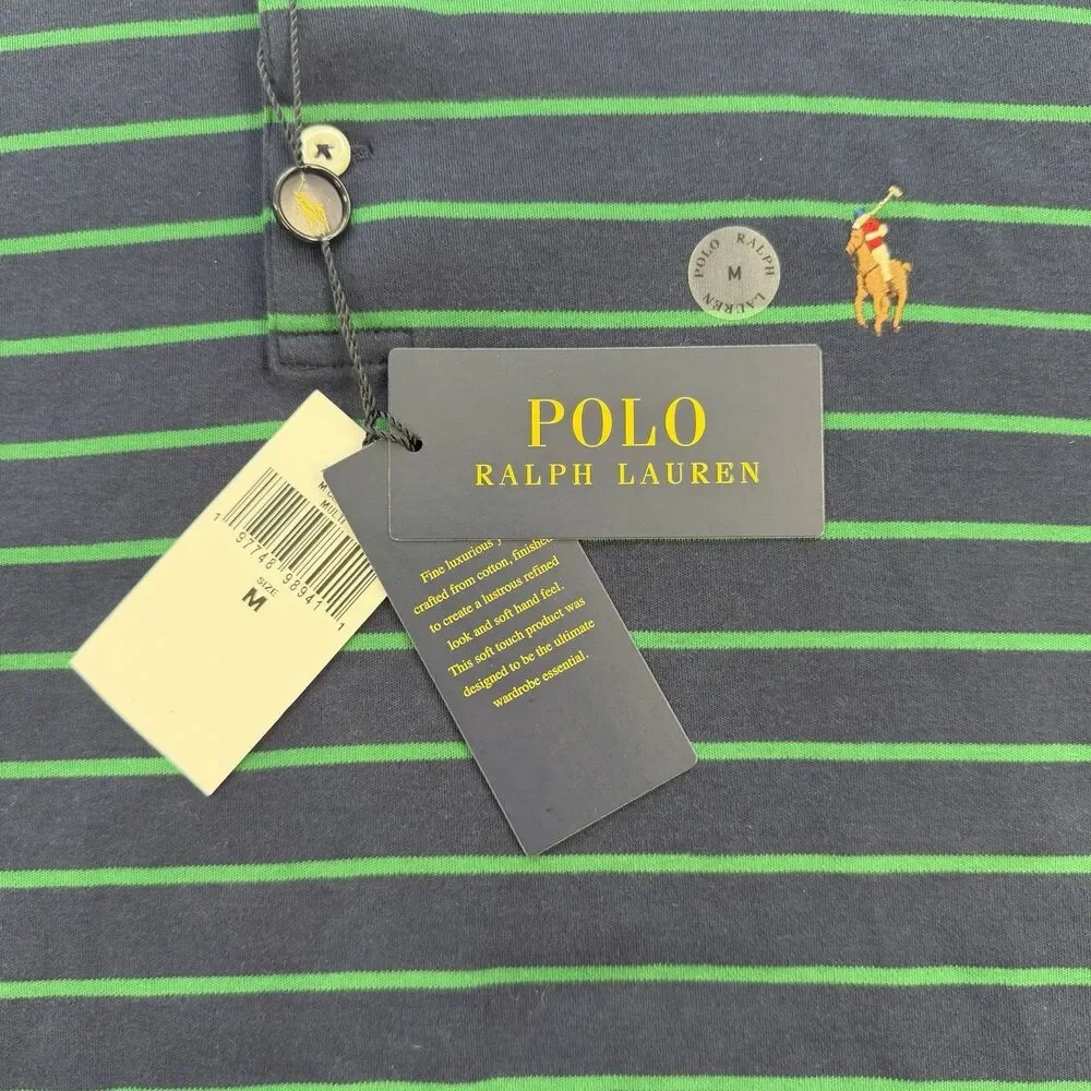 Polo Ralph Lauren Navy Green Striped Polo MEDIUM Custom Slim Fit Cotton Preppy